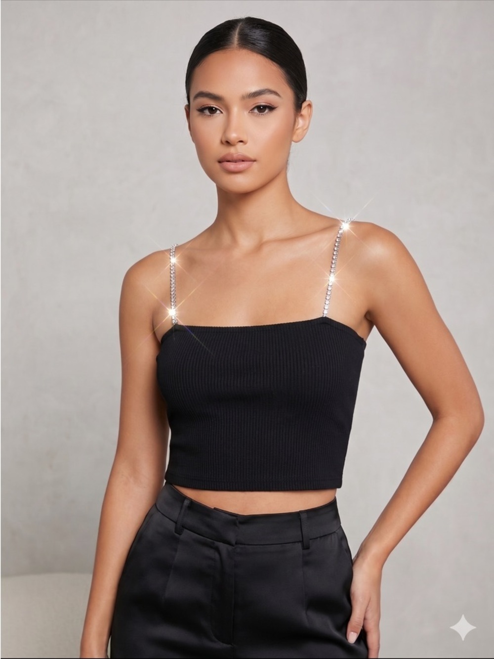 Emma & Sam Black Ribbed Crop Top with Crystal Straps